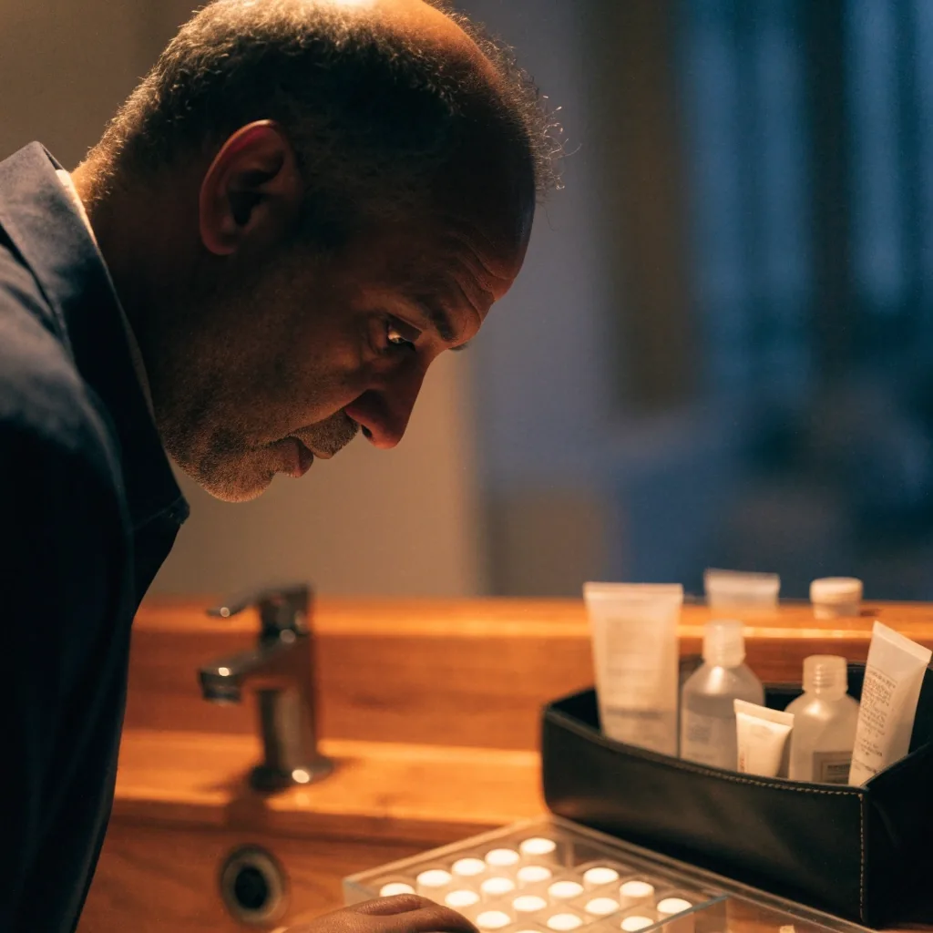 An open leather toiletries roll on a wooden counter with a tablet tray and reading glass beside it