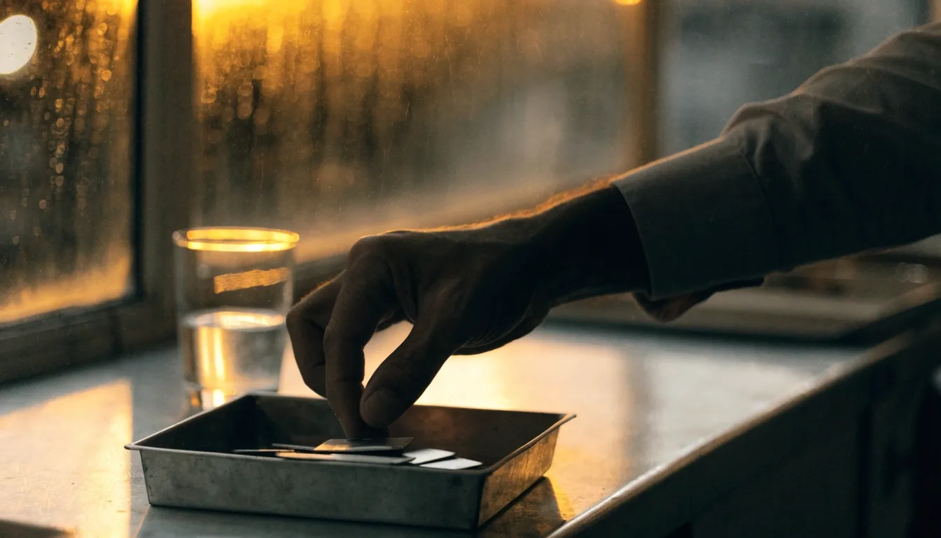 Hands resting on a zinc counter beside a water glass and an open tray of tablets under street light