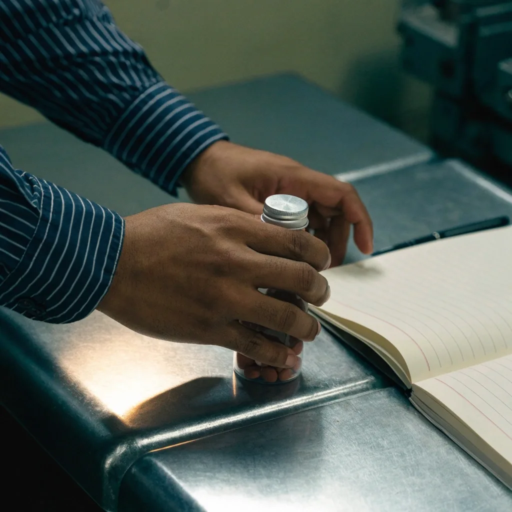 Hands holding a small bottle of tablets beside an open notebook on a bench