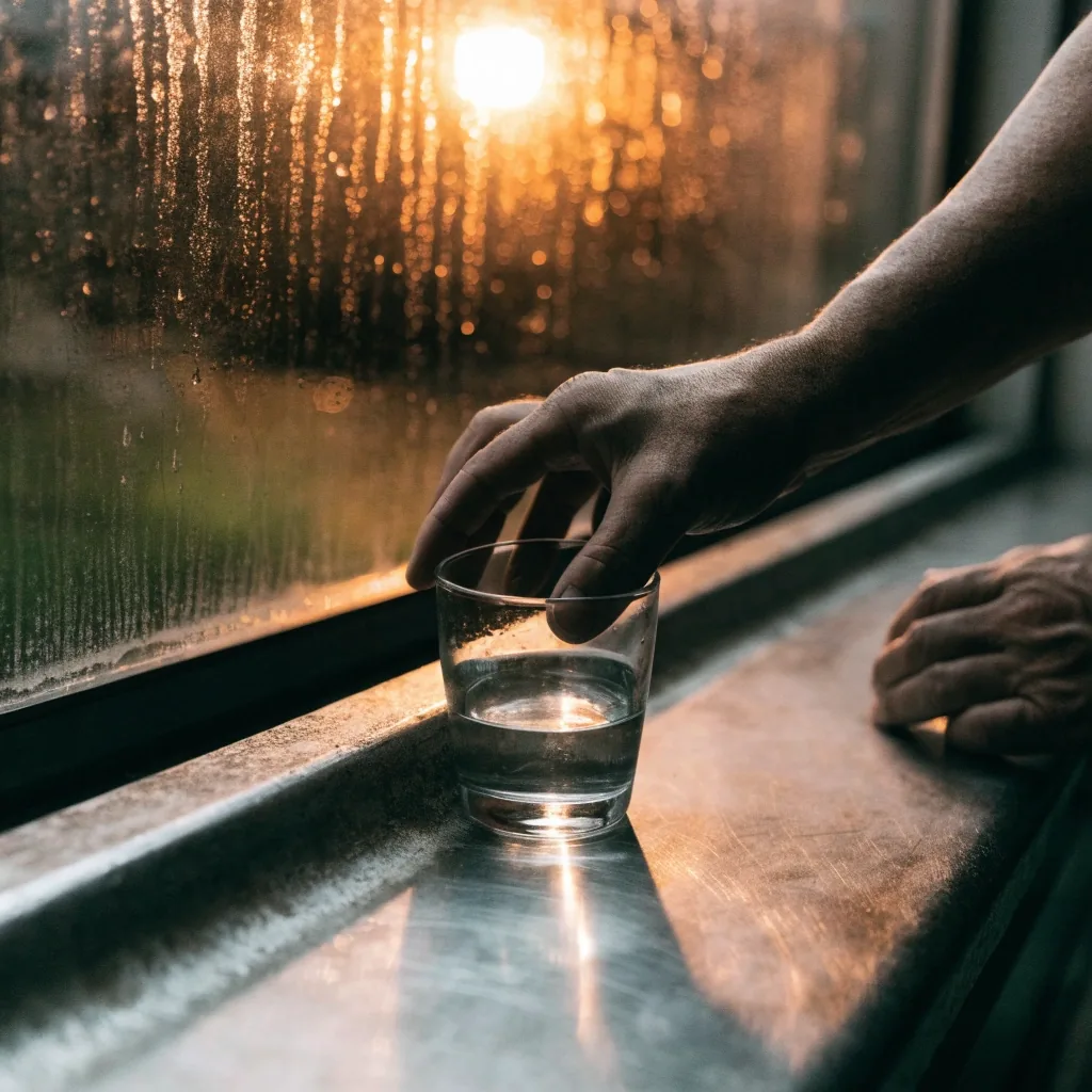 A zinc worktop with a water glass and folded reading glasses under warm overhead light