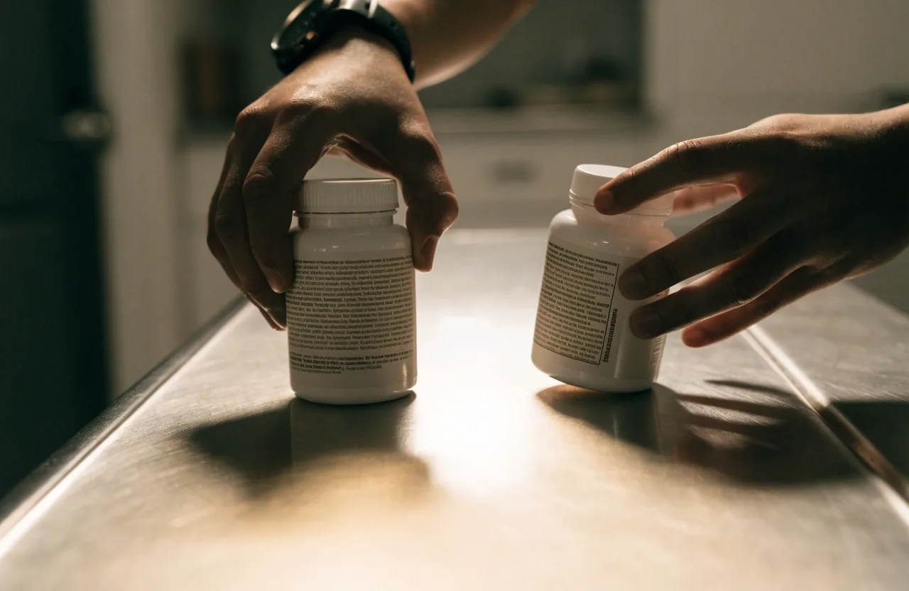 A hand turning a supplement bottle to read the ingredient panel under overhead light