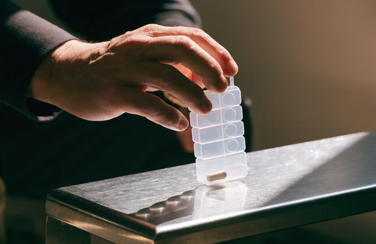 An empty compartmented pill tray on a zinc worktop under hard overhead light