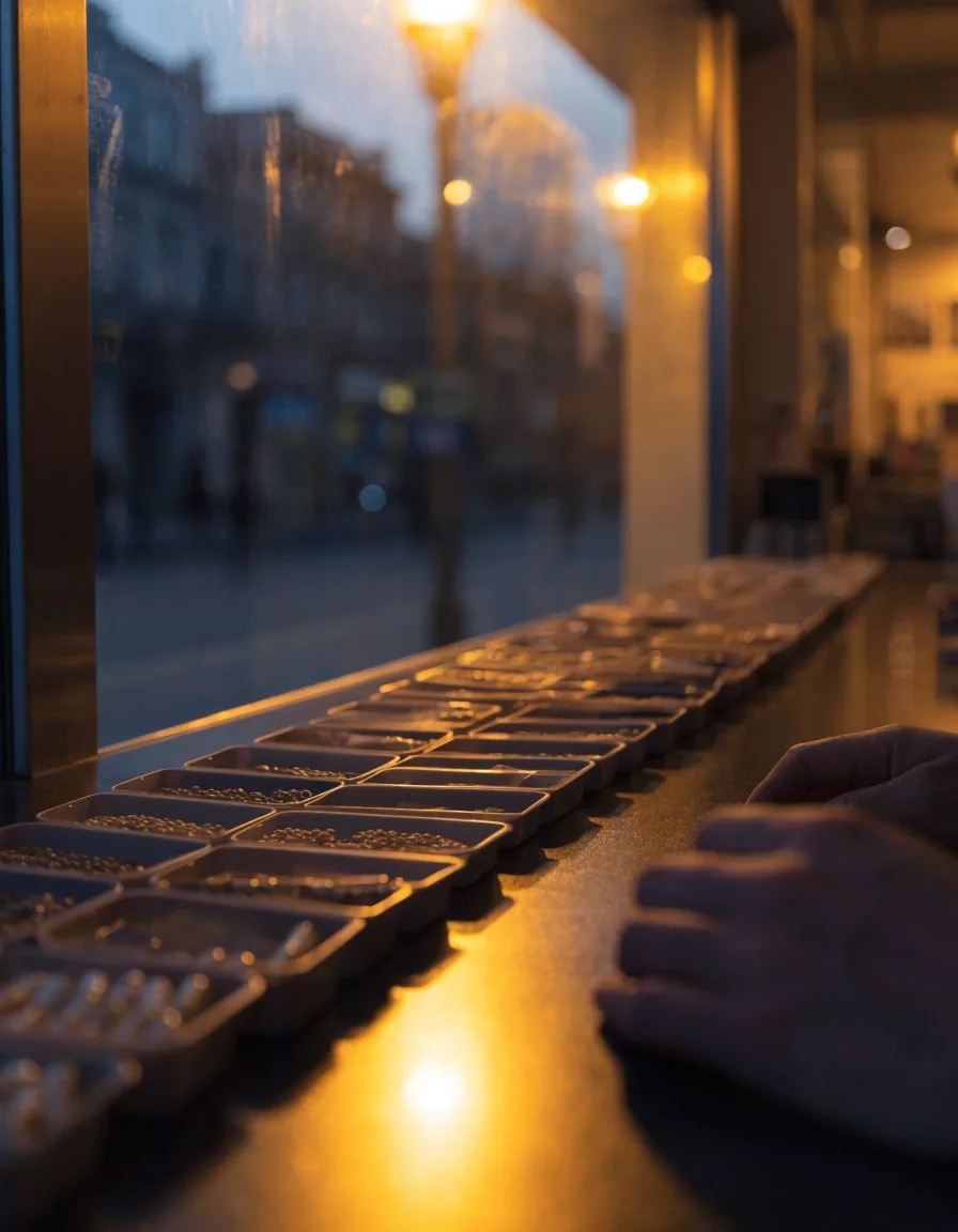 A Jakarta pharmacy counter at dusk with supplement trays on the surface under warm shop-window light