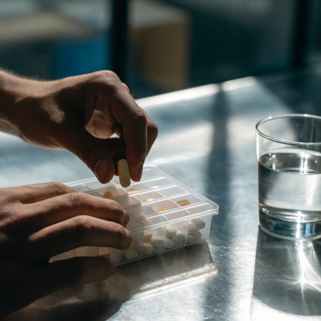 A man's hands turning out tablets from a compartmented pill tray on a zinc counter beside a water glass